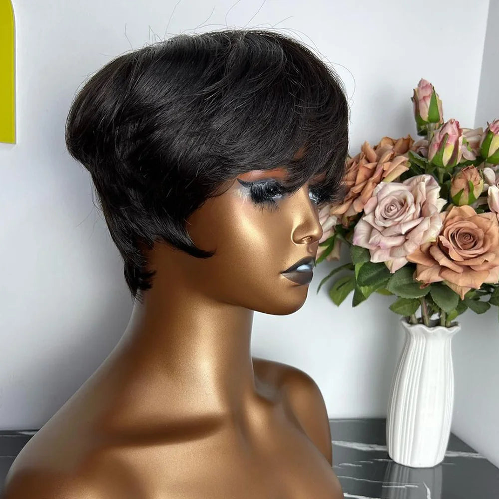 Short Pixie Cut Human Hair Wig with Bangs for Women