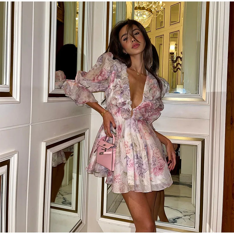 Women Tie-Dye Flower Deep V Neck Flare Sleeve Mini Dress