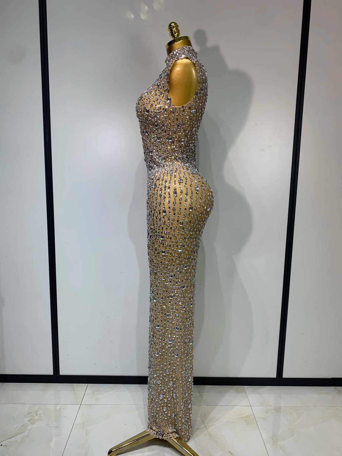 Gold Rhinestone Sleeveless Long Dress for Women
