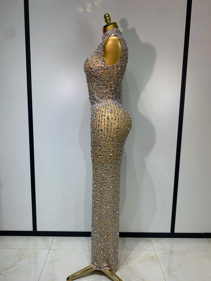 Gold Rhinestone Sleeveless Long Dress for Women