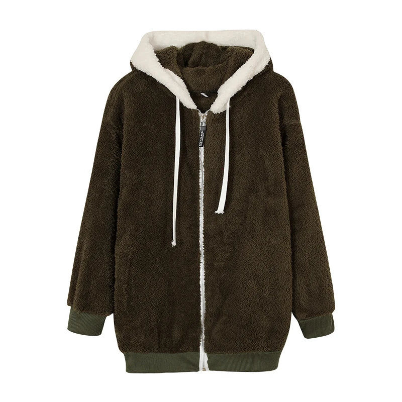 Loose Plush Zipper Hooded Jacket for Women