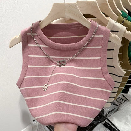 Striped Knit Sleeveless Waistcoat for Women