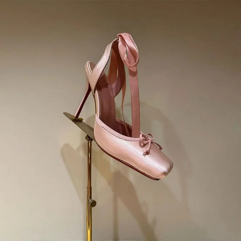 High-Heeled Satin Bow Ankle Strap Sandals for Women