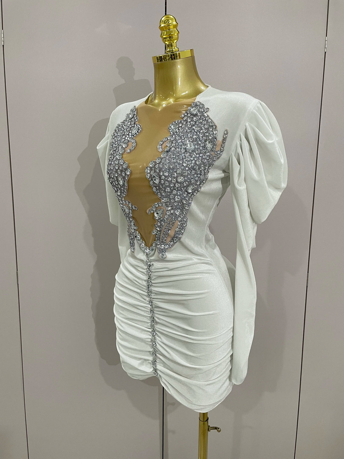 White Velvet Sexy Mesh Short Dress with Crystals