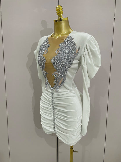 White Velvet Sexy Mesh Short Dress with Crystals
