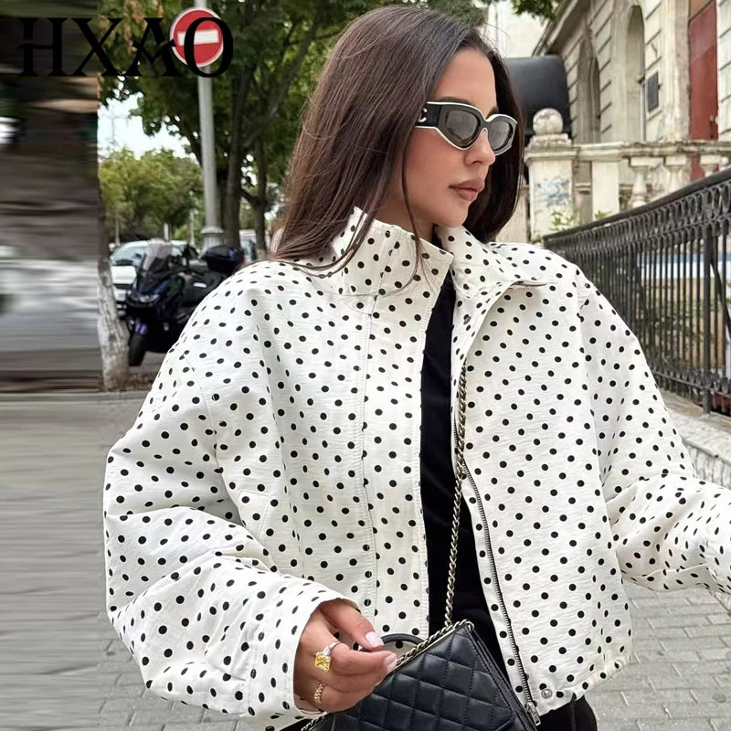 Polka Dot Bomber Jacket Women's Zip Up Crop Coat