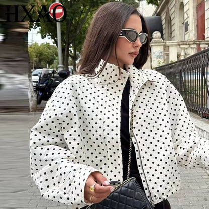 Polka Dot Bomber Jacket Women's Zip Up Crop Coat