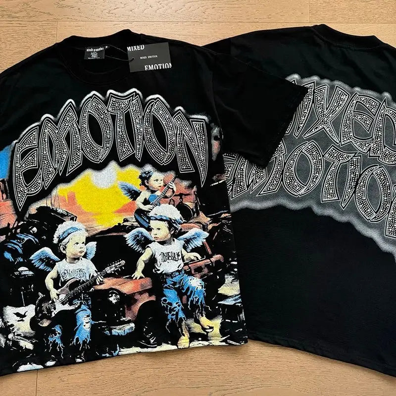 Mixed Emotion Cotton T-Shirt for Couples with Angel Print