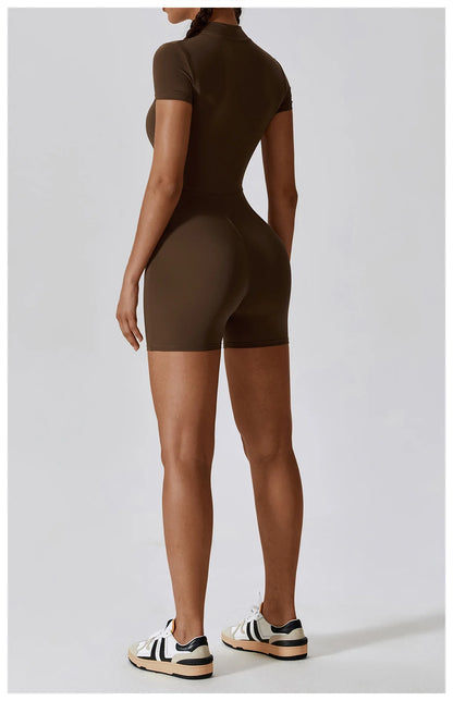 Summer Zipper Short Sleeve Yoga Bodysuit for Women