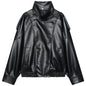 HXAO Black Faux Leather Cropped Bomber Jacket