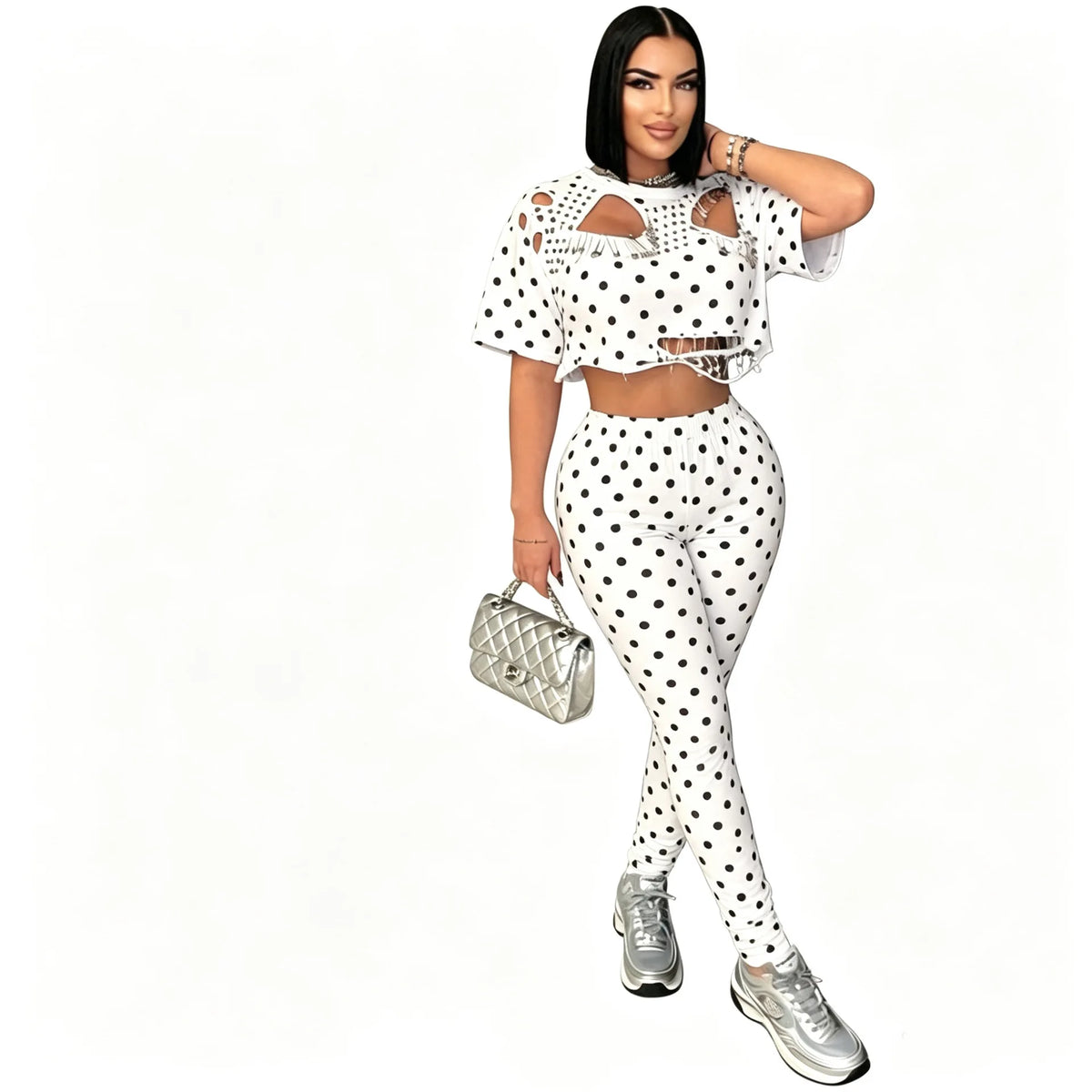 CM.YAYA Women's Hollow Out Short Sleeve Set