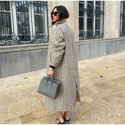 Reversible Plaid Long Trench Coat Women Single Breasted