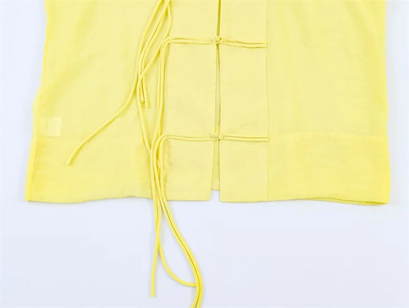Women's Yellow Long Sleeve Shirt with Knot Decoration
