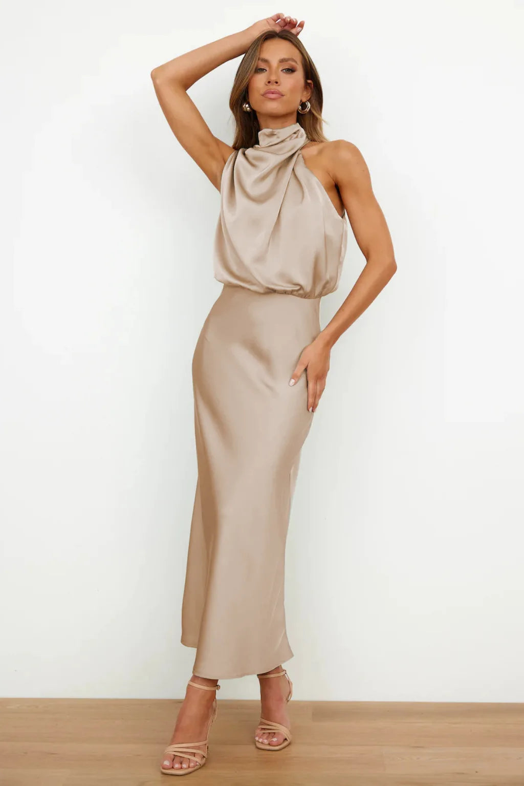 Elegant Silk Satin Sleeveless Long Dress for Women