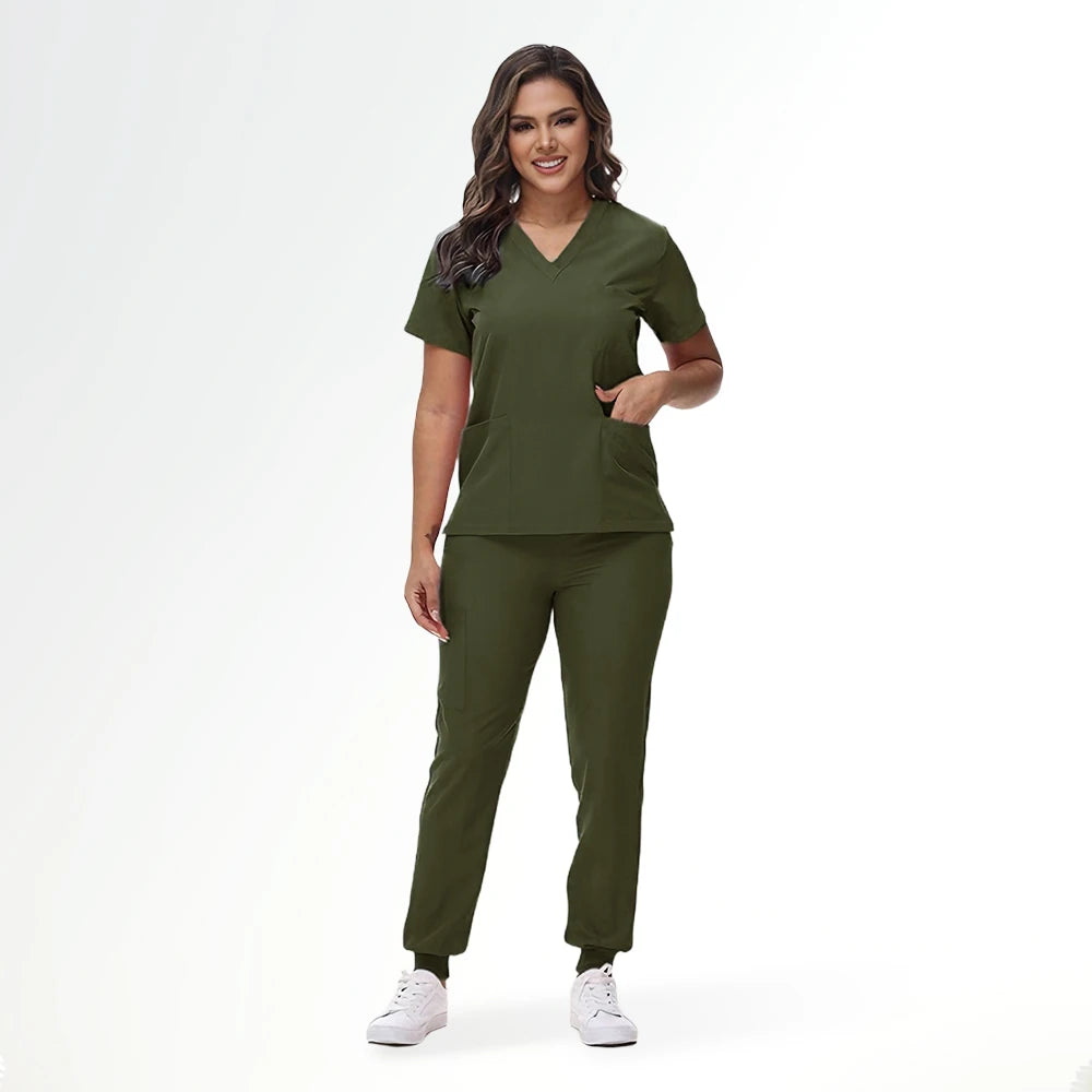 Stretchy V-Neck Nurse Scrub Set Jogger Pants