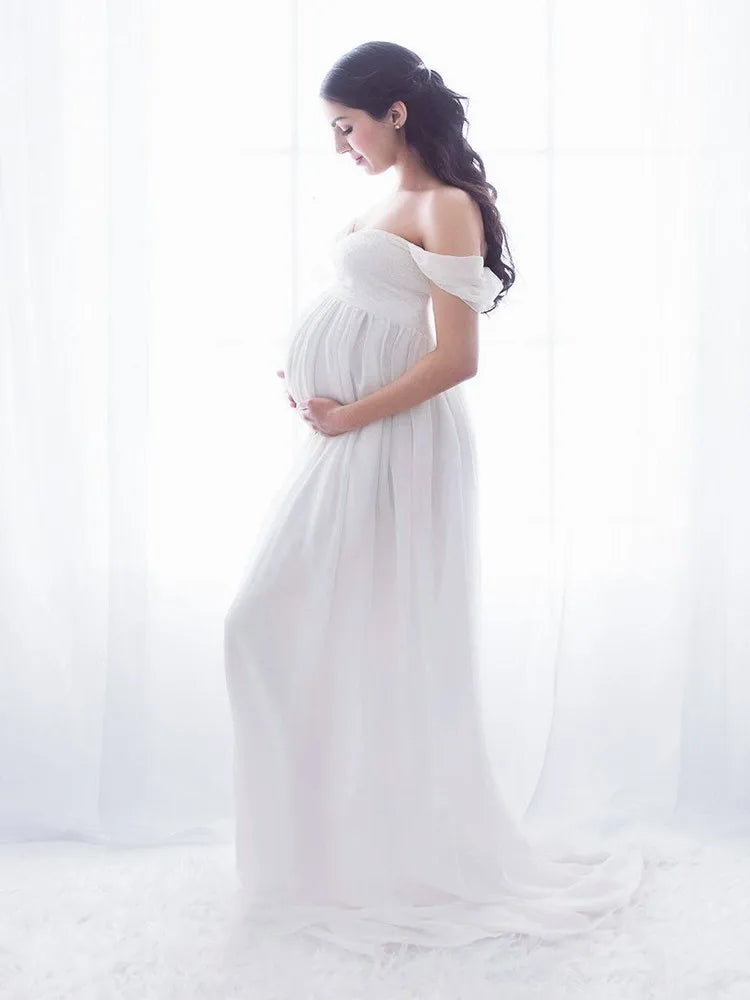 Maternity Lace Chiffon Front Split Dress in Coral Color