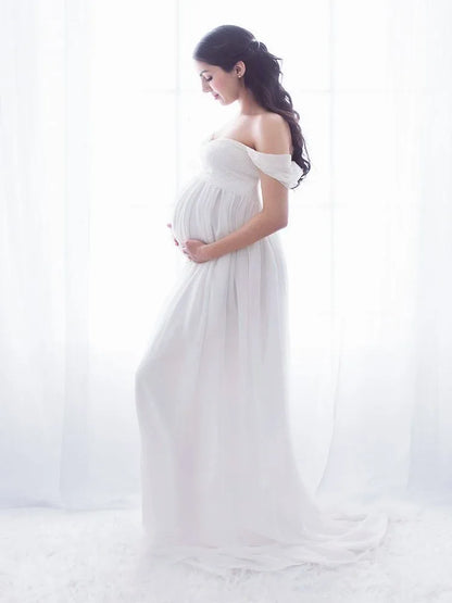 Maternity Lace Chiffon Front Split Dress in Coral Color