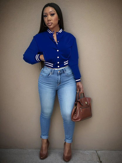 Women's Pure Color Single Breasted Baseball Jacket