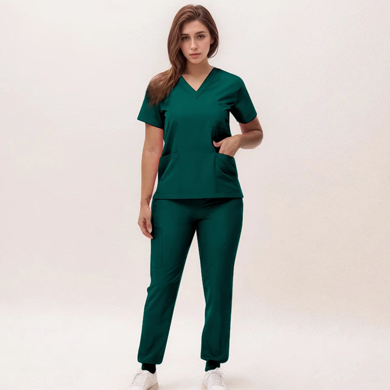 Stretchy V-Neck Nurse Scrub Set Jogger Pants