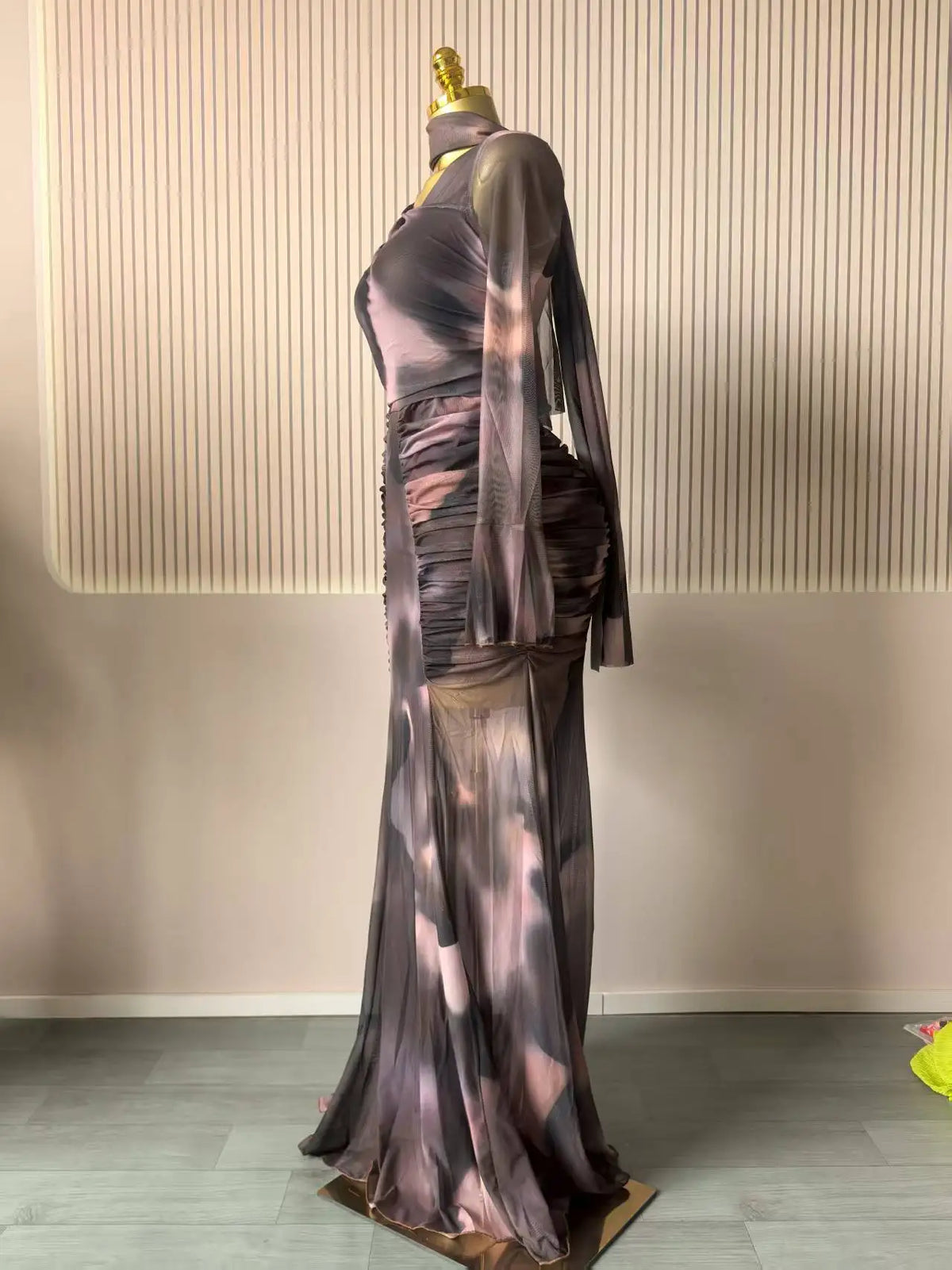 Women Tie Dye Maxi Dress with Skew Neck and Flare Sleeves