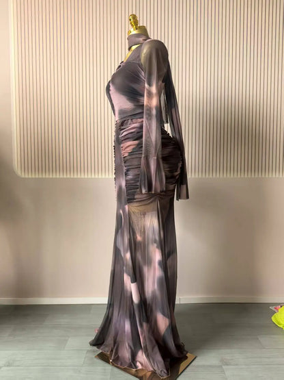 Women Tie Dye Maxi Dress with Skew Neck and Flare Sleeves