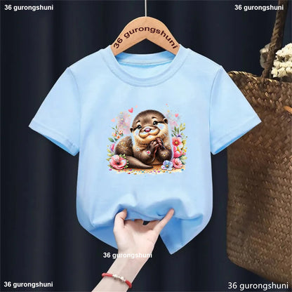 Kawaii Otter Love Printed T-Shirt for Kids