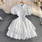 Women Vintage Lace Mini Dress with Puff Sleeves