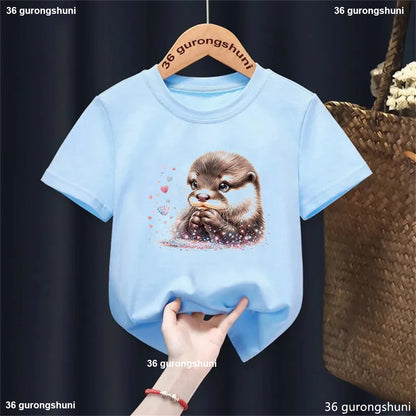 Kawaii Otter Love Printed T-Shirt for Kids