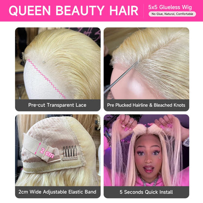 613 Glueless Human Hair Lace Closure Wig Blonde Straight