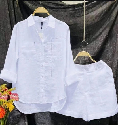 Cotton Linen Casual White Shirt and Shorts Set