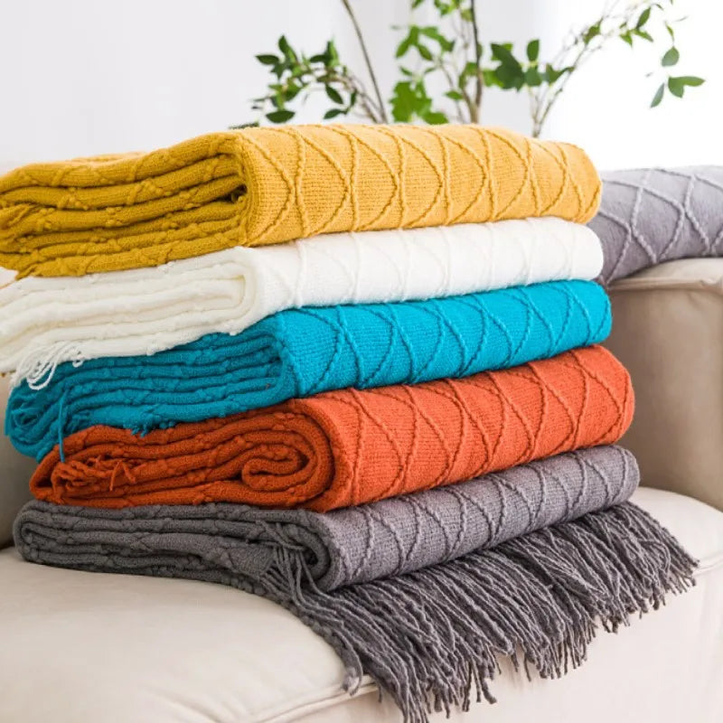 Khaki Knitted Acrylic Blanket with Tassels