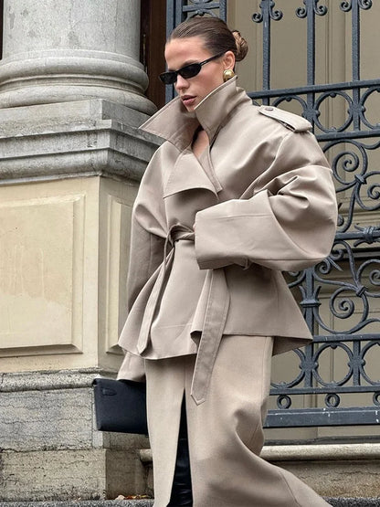 Lapel Lace Up Trench Coat Women Casual Long Sleeve