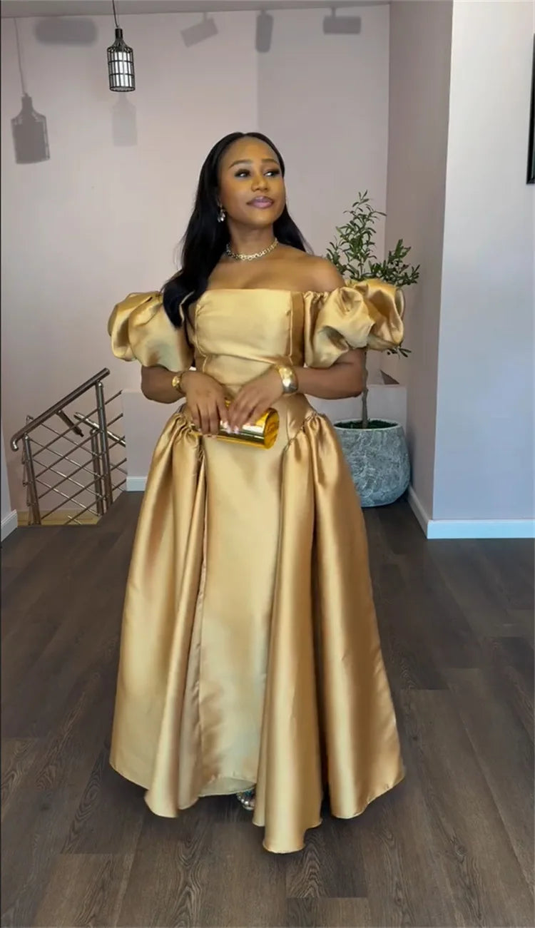 Gold Solid A-line Maxi Dress with Puff Sleeves