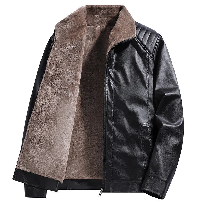 Men's Faux Leather Biker Jacket with Fleece Lining