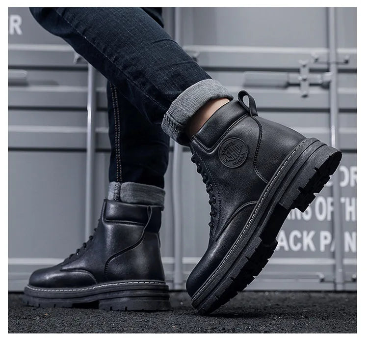 High Top Leather Motorcycle Boots for Men