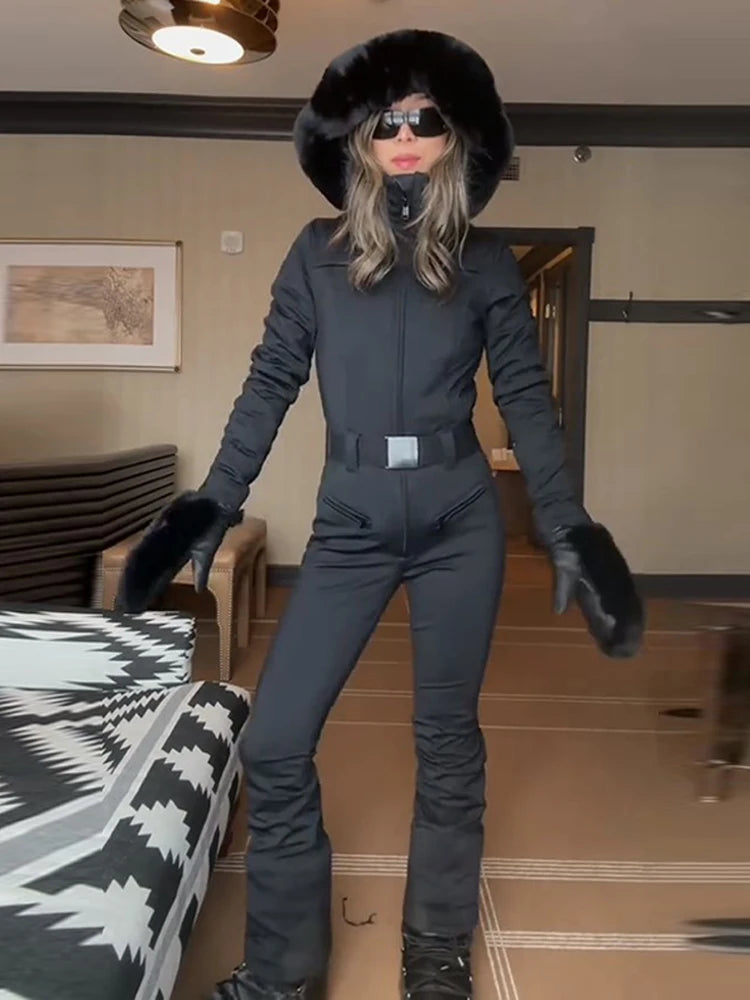 Fur-Trimmed Hooded One-Piece Ski Suit for Women