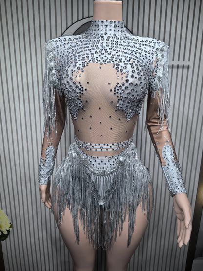Rhinestone Tassel Elastic Bodysuit for Women