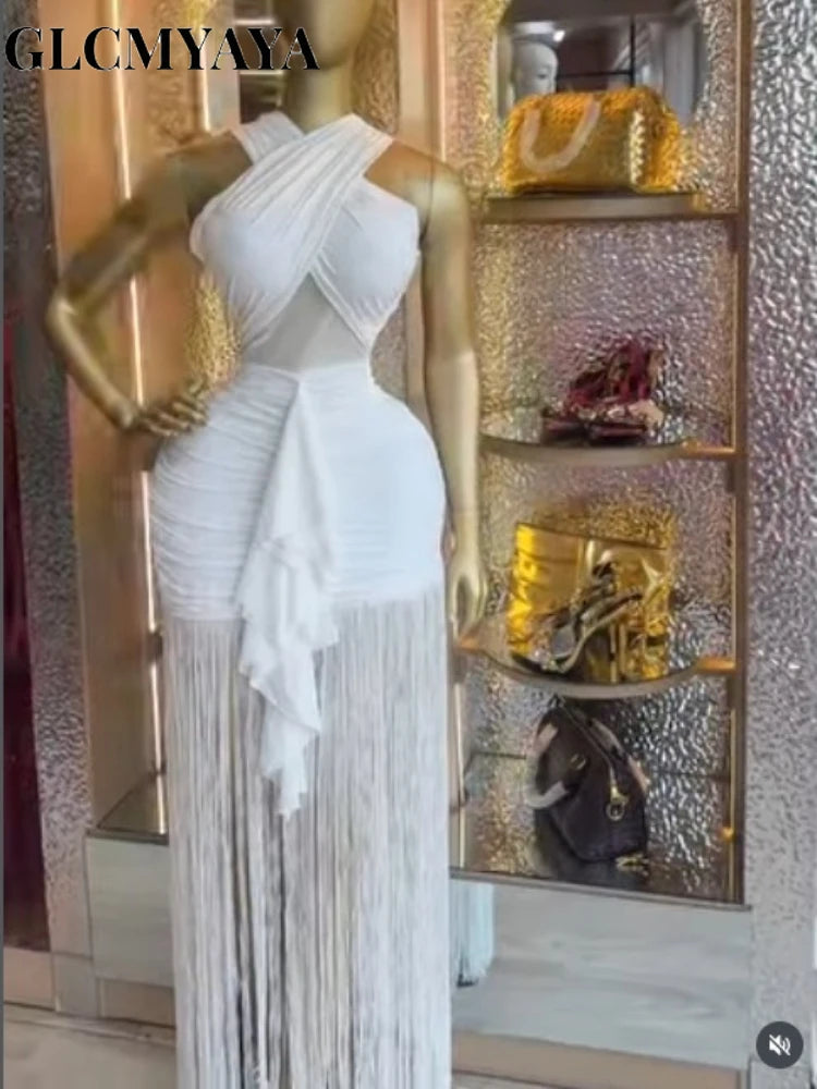 Women Halter Neck Midi Bodycon Dress with Tassels