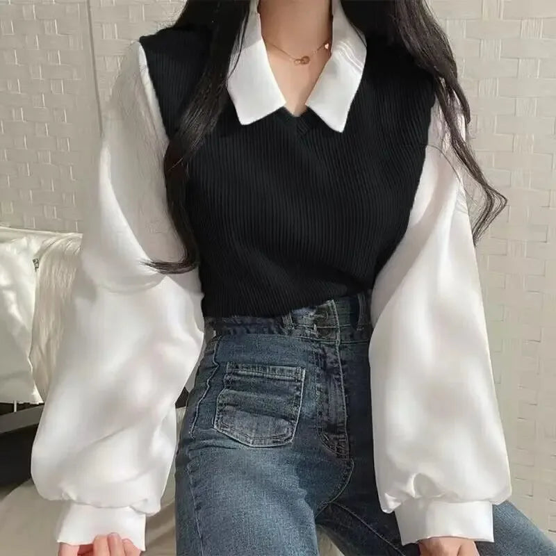 Korean Style Polo Collar Chiffon Blouse for Women