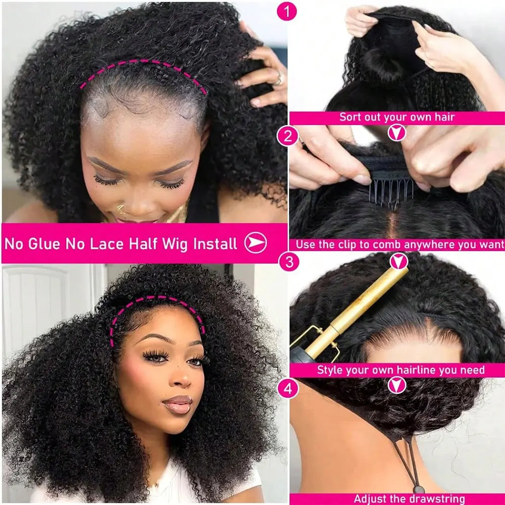 Jerry Curly Half Wig Human Hair Black Seamless Clip In