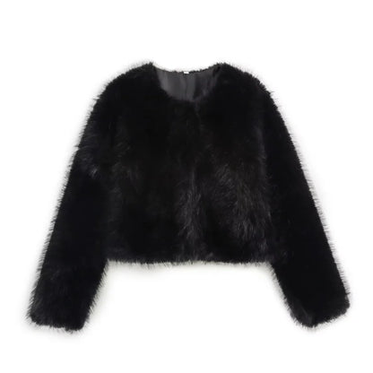 Women's Faux Fur Round Neck Short Jacket