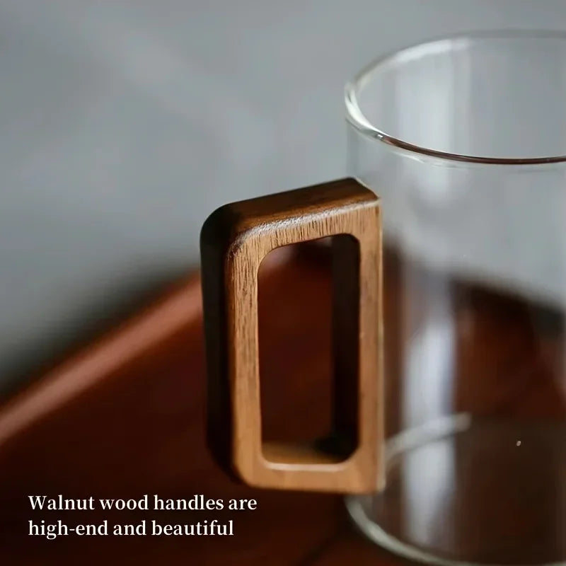 400ml Glass Cups with Walnut Handle for Tea
