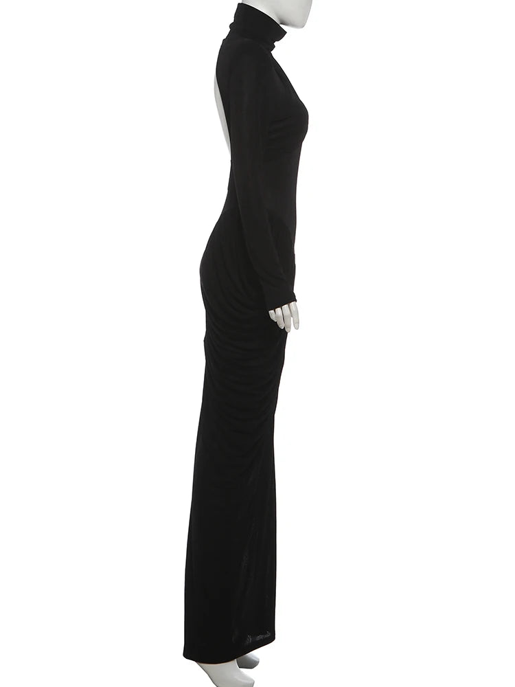 Maxi Dress Women Turtleneck Full Sleeve Backless