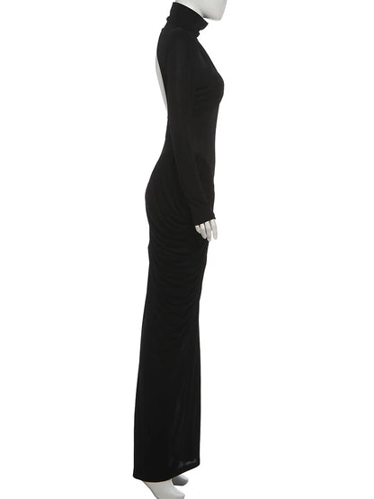 Maxi Dress Women Turtleneck Full Sleeve Backless