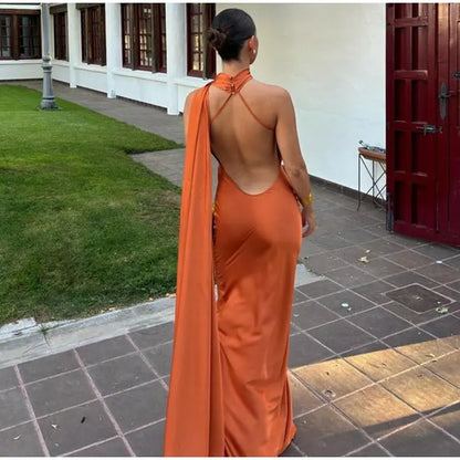 Elegant Halter Dress Women Solid Backless Maxi Dress