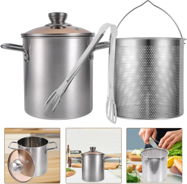 3L Stainless Steel Deep Fryer Pot with Lid and Basket