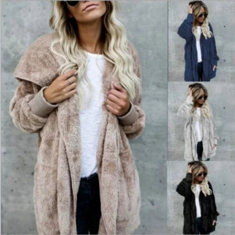 Winter Fleece Cardigan Jacket Women Hooded Outerwear