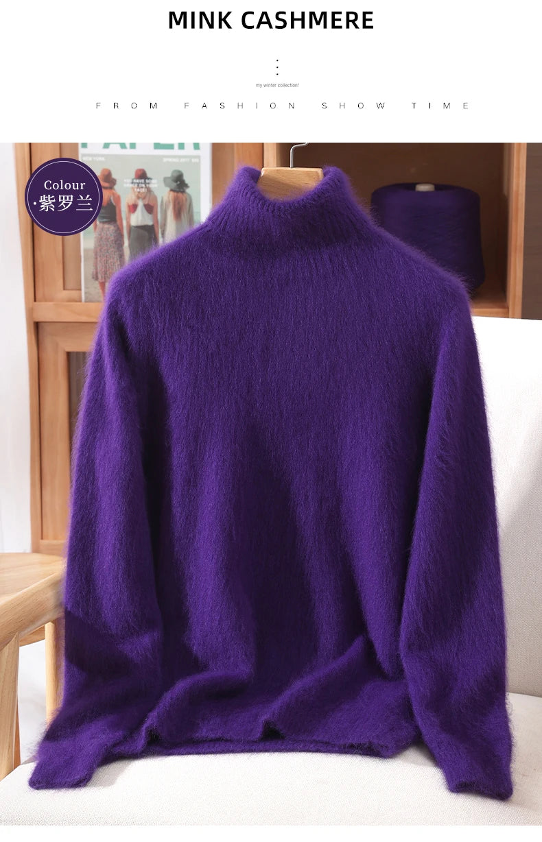 Mink Fur High Collar Pullover Sweater for Women