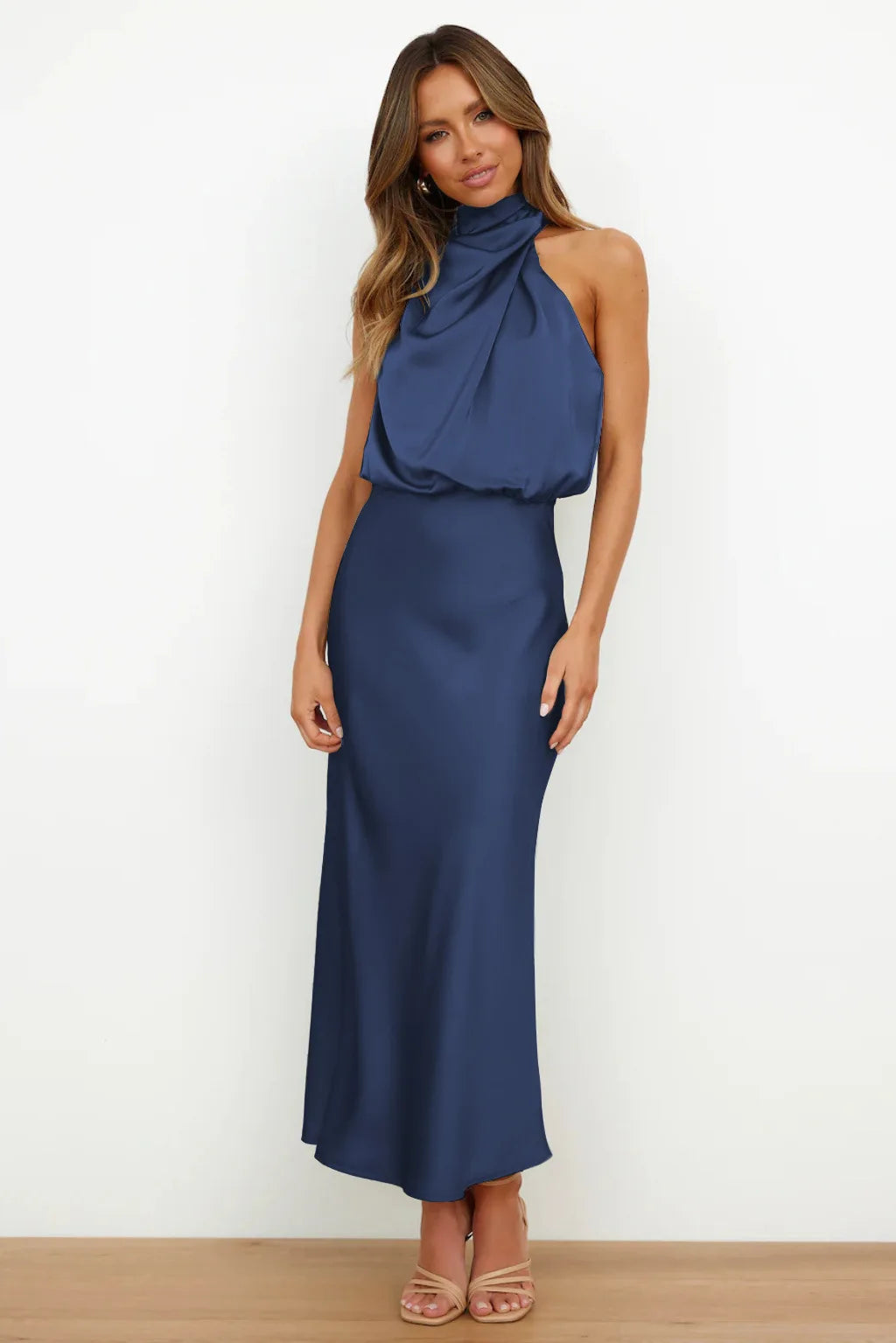 Elegant Silk Satin Sleeveless Long Dress for Women