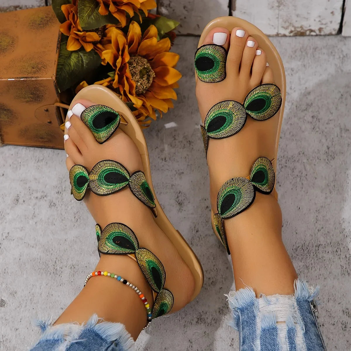 Yellow Faux Flower Embroidered Flat Sandals Size 43